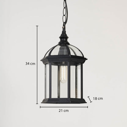 Hanging lantern light dimension image showing height 34 cm and width 21 cm in black metal finish.