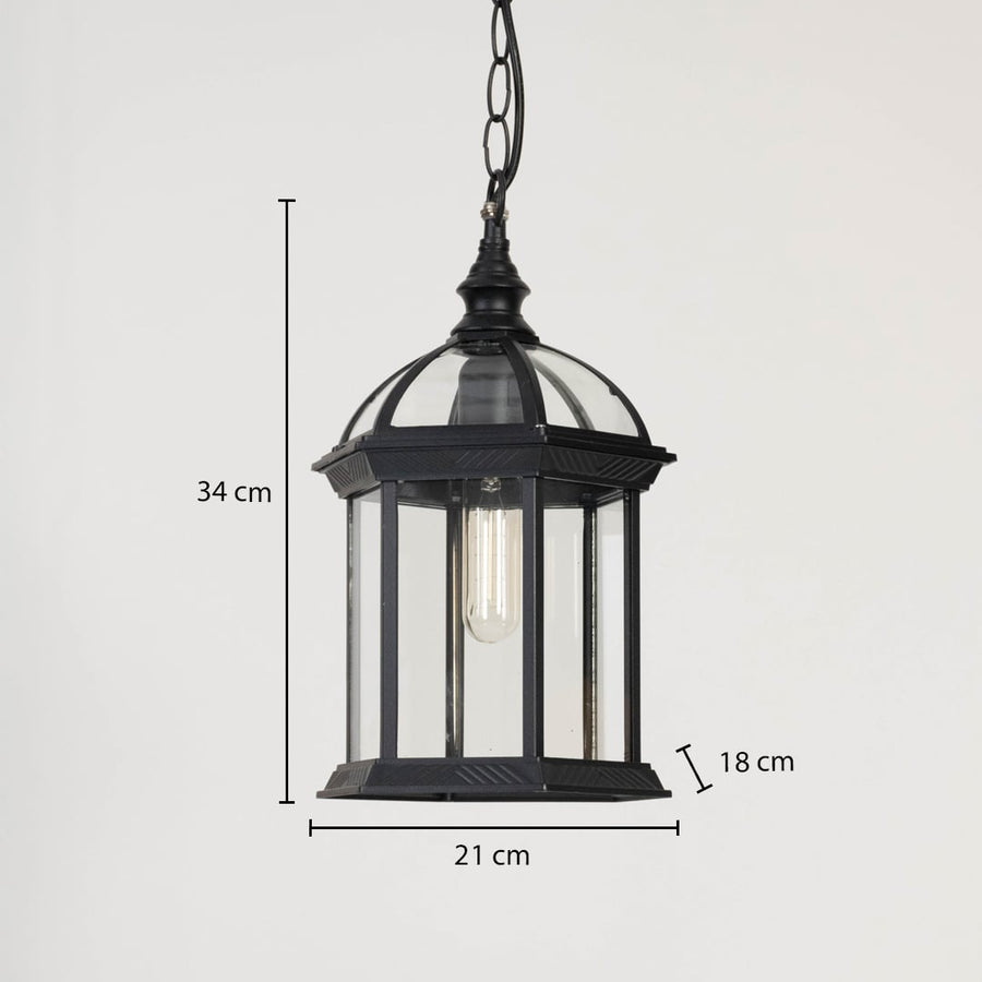 Hanging lantern light dimension image showing height 34 cm and width 21 cm in black metal finish.