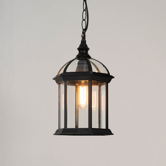 Contemporary black metal hanging lantern light with warm glow for stylish outdoor ceiling decor.