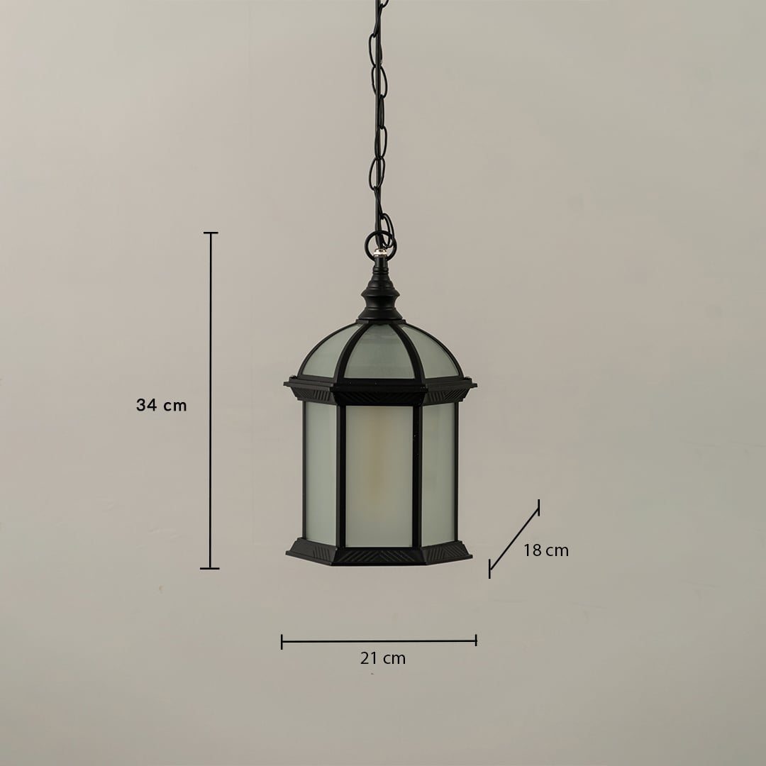 Black dome top outdoor hanging lantern with frosted glass showing dimensions 34 cm height 21 cm width and 18 cm depth for accurate installation details.