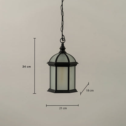 Black dome top outdoor hanging lantern with frosted glass showing dimensions 34 cm height 21 cm width and 18 cm depth for accurate installation details.