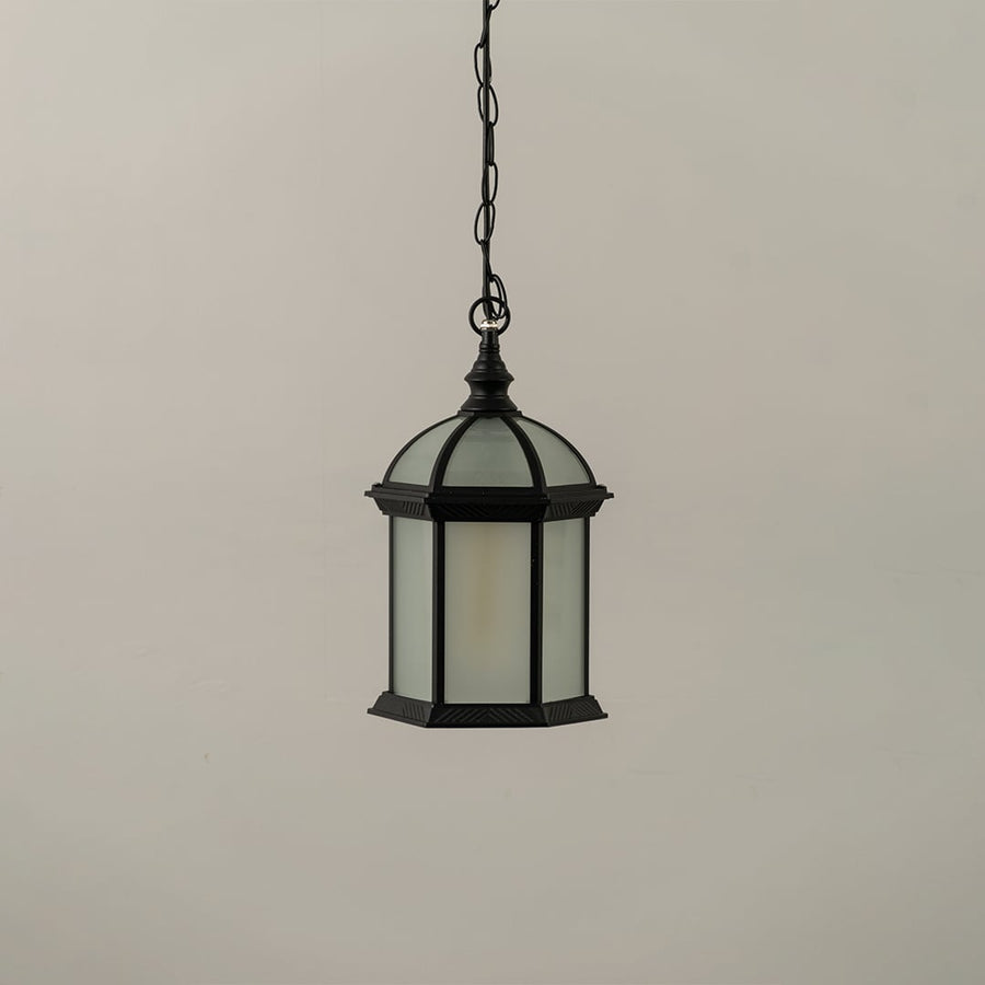 Black outdoor hanging lantern on white background with light off featuring frosted glass panels and dome top silhouette for timeless exterior decor.