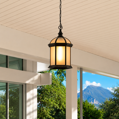 Classic black metal hanging porch lantern light with frosted glass shade for veranda entry balcony outdoor ceiling styling.