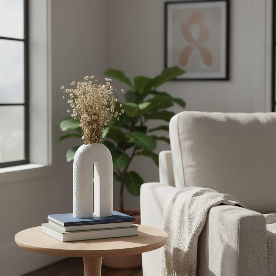 White ceramic U-shaped vase adding artistic modern touch to home decor with minimalist aesthetic appeal.
