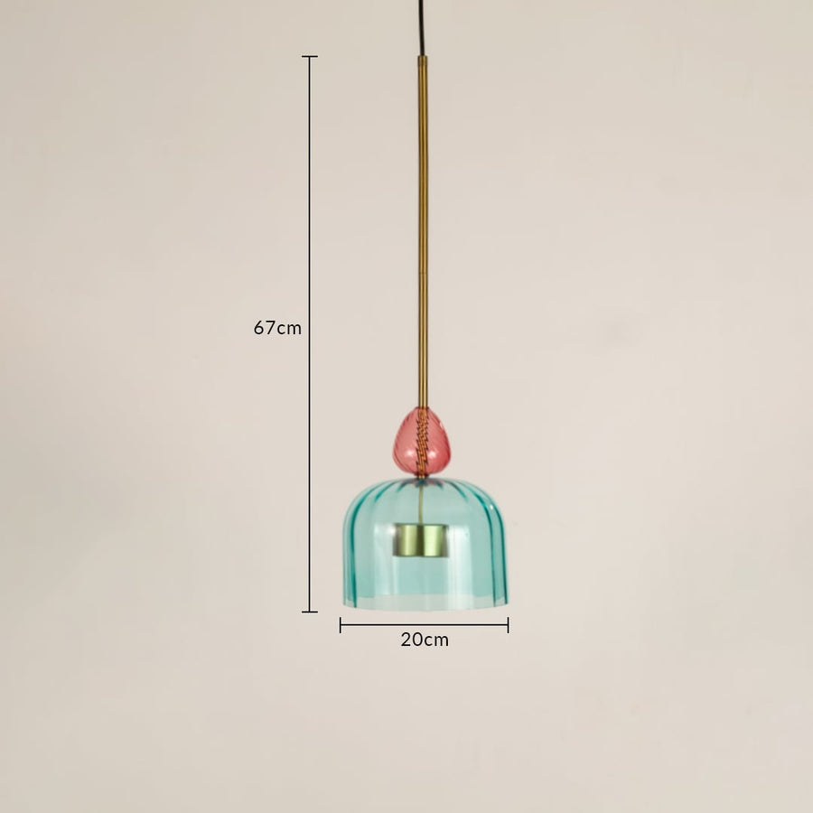 Dimension image of aqua blue glass pendant light with pink accent and brass stem showing 57 cm height and 20 cm width.