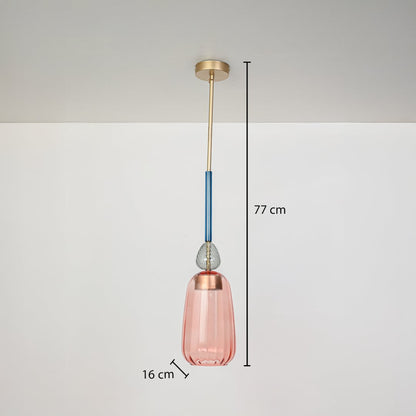 Dimension image of pink ribbed glass pendant light with brass finish showing 77 cm hanging height and 16 cm width.