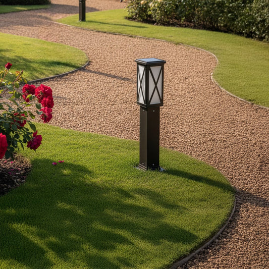 Outdoor garden bollard light in black metal placed along pathway providing warm illumination and elegant landscape lighting style.
