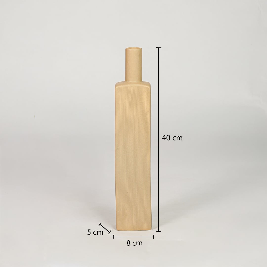 Yellow ceramic tall vase size 40 cm height 8 cm width 5 cm depth modern decorative vase for table console styling.