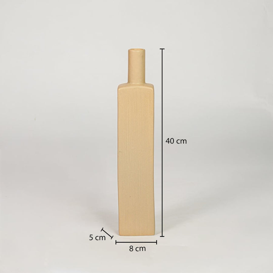 Yellow ceramic tall vase size 40 cm height 8 cm width 5 cm depth modern decorative vase for table console styling.