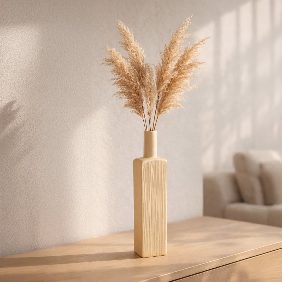 Beige ceramic tall flower vase placed on table modern decorative vase for living room corner console home decor styling.