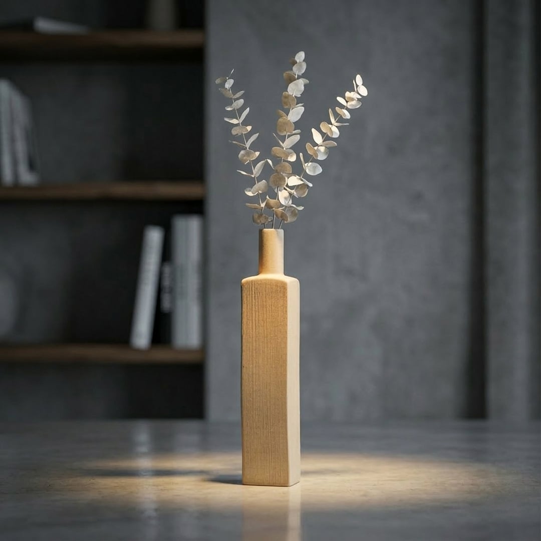 Yellow ceramic tall flower vase placed on table modern decorative vase for living room console shelf home decor styling.