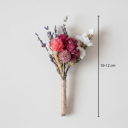 Dried flower bouquet with mixed blooms white accents and textured stems showing height 10 to 12 cm for tabletop Decor styling.