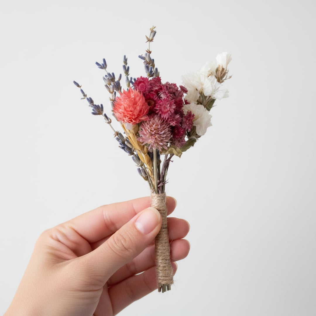 Mini dried flower bouquet with mixed preserved blooms wrapped neatly and held in hand on white background for decor accents.