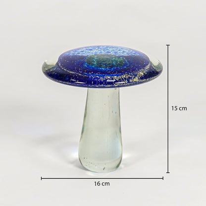 Blue art glass mushroom decor object dimension image showing 15 cm height and 16 cm width decorative glass accent for table styling.