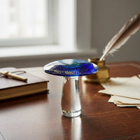 Blue art glass mushroom decor object styled on living room table modern decorative glass accent for shelf console styling home.