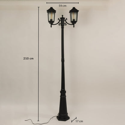 Black metal outdoor lamp post with dual lantern heads showing size clearly with height 210 cm width 59 cm and base width 17 cm ideal for driveway and garden lighting.