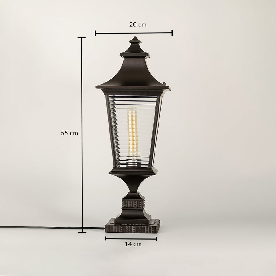 Black traditional post lantern Dimensions Image 34 cm height 17 cm top width 13 cm base width.