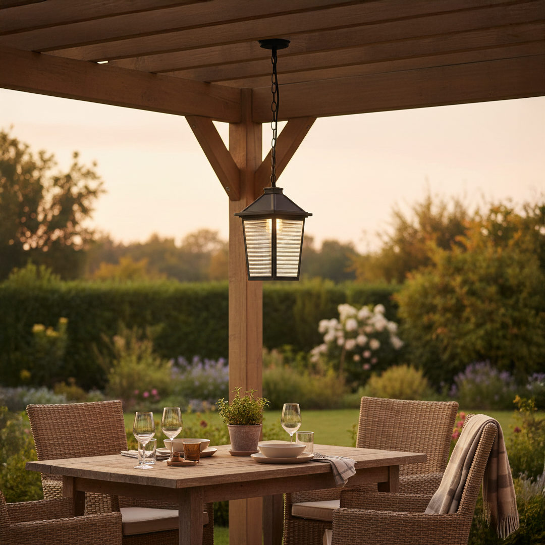 Modern black metal box hanging lantern light illuminating outdoor dining patio with cozy evening glow.