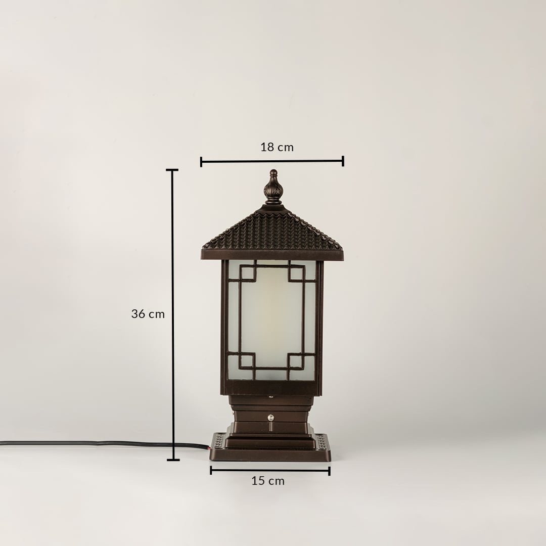 Black traditional post lantern Dimensions Image 34 cm height 17 cm top width 15 cm base width perfect for outdoor pillar mounting.