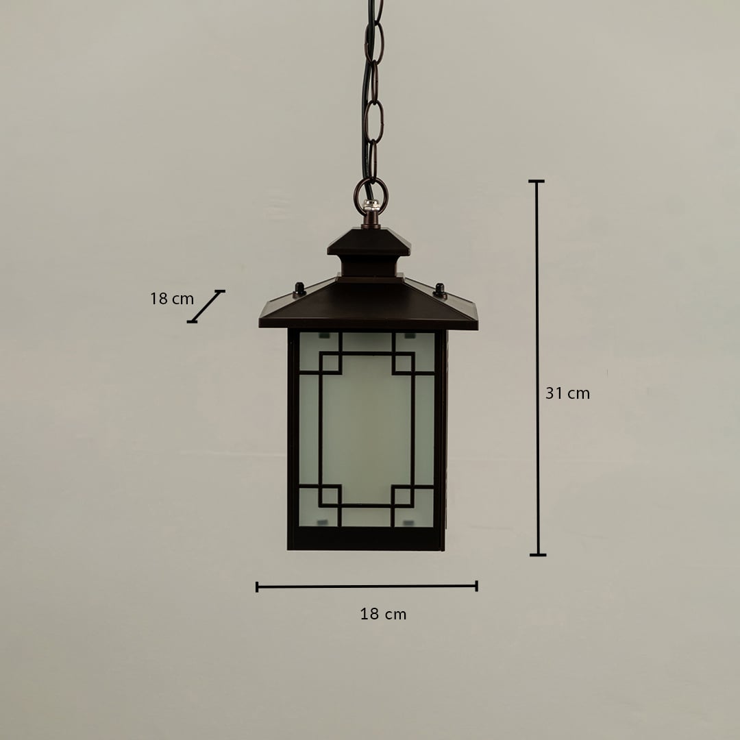 Black hanging lantern with frosted geometric glass showing dimensions 31 cm height and 18 cm width ideal for accurate placement in outdoor ceilings.
