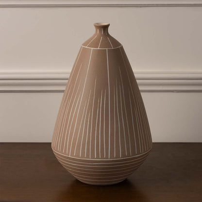Brown ceramic vase with white linear pattern styled for modern living room and table decoration on plain white background.