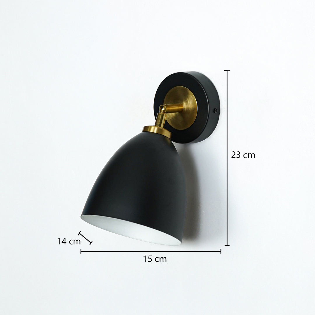 Modern black and gold metal wall light with 23cm height and 15cm width for stylish hallway bedroom decor.