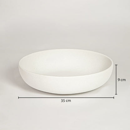 White ceramic wide decorative bowl measuring 9 cm height and 35 cm width ideal for modern tabletop decor styling.