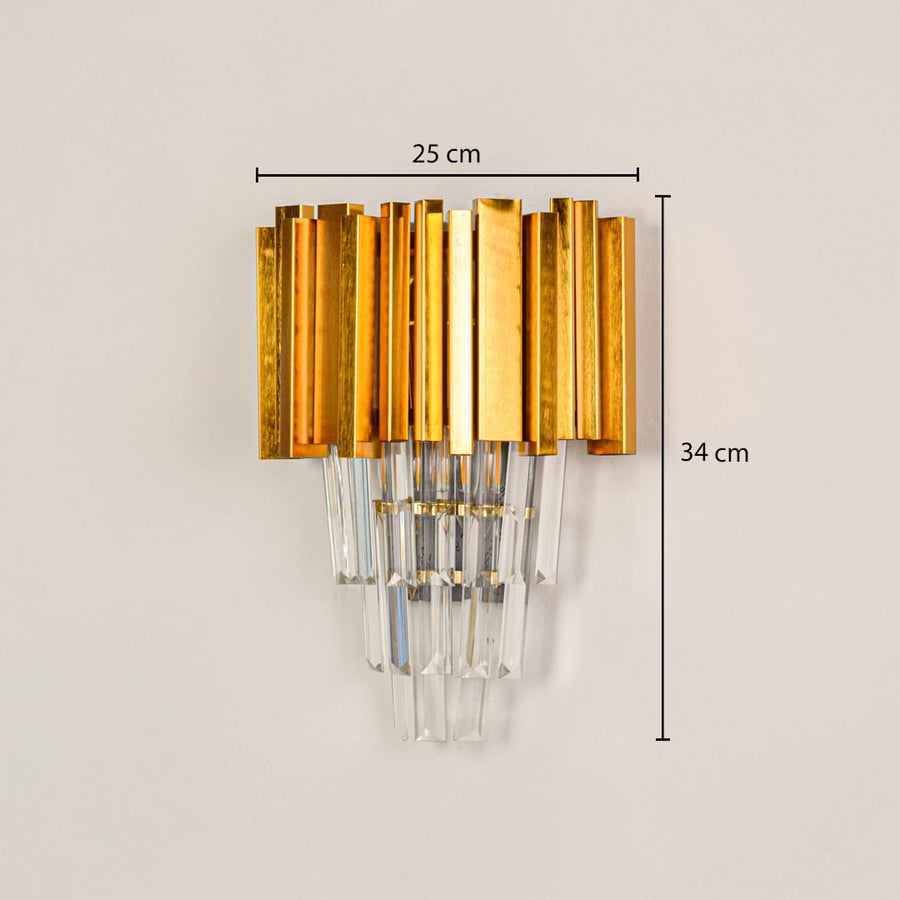 Gold metal and crystal wall light measuring 34 cm height and 25 cm width designed for premium wall mounting decor.