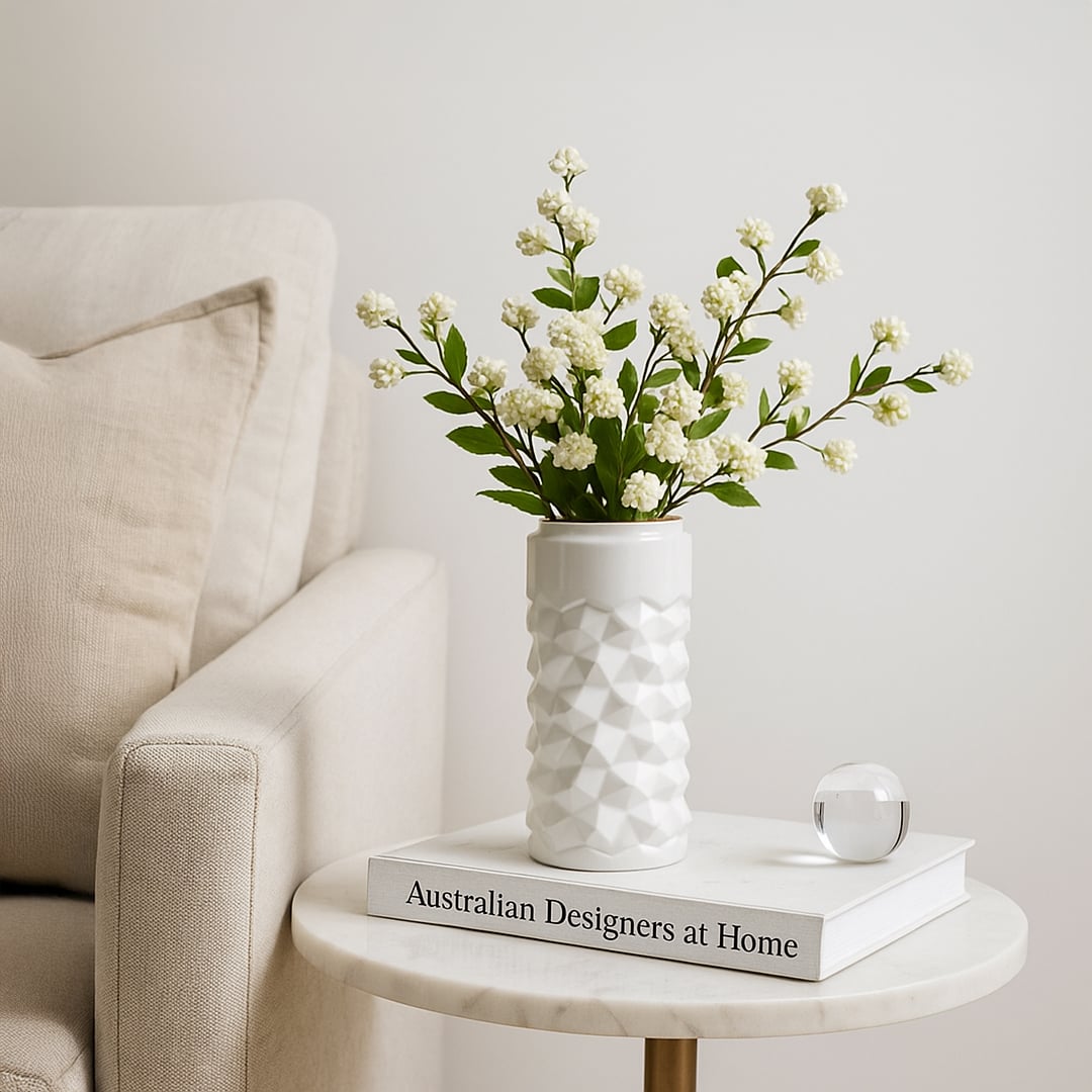 White textured ceramic vase styled in a soft minimal setting adding a modern accent to shelves and tables for elegant home decor.