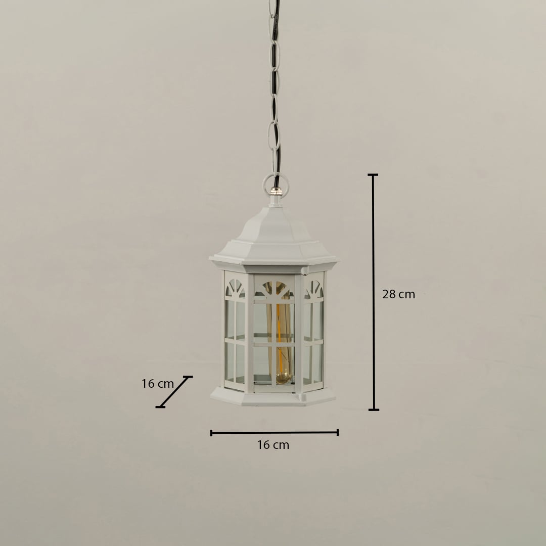 White hanging lantern with clear glass showing dimensions 28 cm height and 16 cm width offering precise measurement for outdoor ceiling installation.