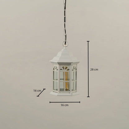 White hanging lantern with clear glass showing dimensions 28 cm height and 16 cm width offering precise measurement for outdoor ceiling installation.