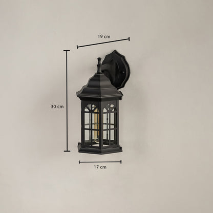 Black outdoor lantern shown with dimensions 30 cm height 19 cm width and 17 cm depth for accurate exterior wall lighting planning and installation.