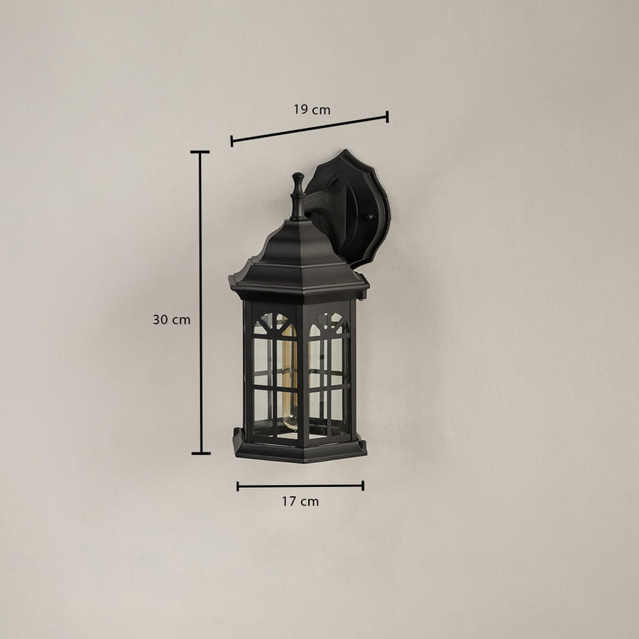 Black outdoor lantern shown with dimensions 30 cm height 19 cm width and 17 cm depth for accurate exterior wall lighting planning and installation.