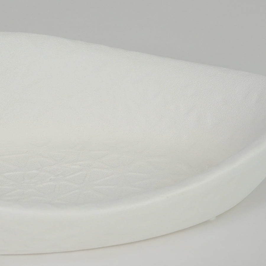 Closeup image of white ceramic serving plate for elegant dining table decor styling with smooth matte finish.