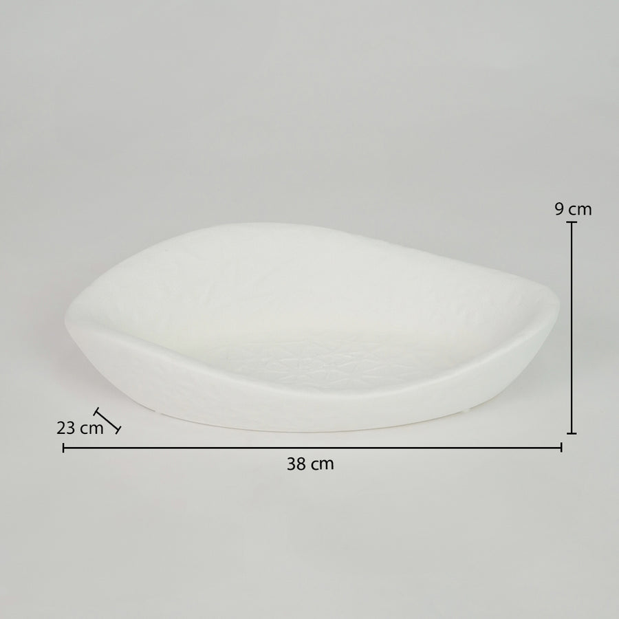 White ceramic decorative tray dimension image with 9 cm height and 38 cm width for elegant table decor.