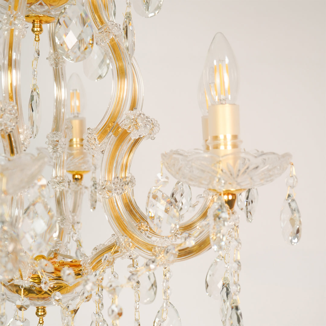Closeup image of candelabra chandelier for modern dining room decor styling with elegant detailings.