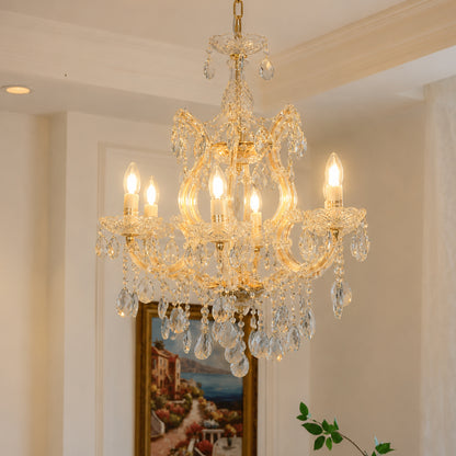 Lifestyle image of candelabra chandelier for luxury living room decor styling with elegant detailing.