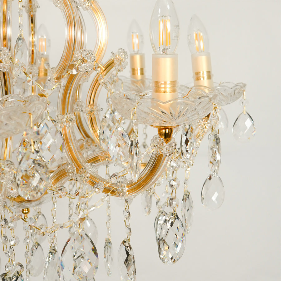 Closeup image of large candelabra chandelier for modern dining room decor styling with elegant detailings.