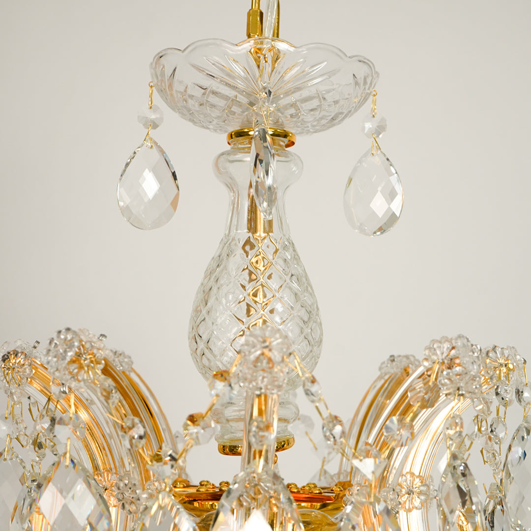 Closeup image of large candelabra chandelier for elegant living room decor styling with beautiful accents.