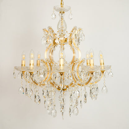 White background image of large candelabra chandelier for elegant dining room decor styling with unlit arms.
