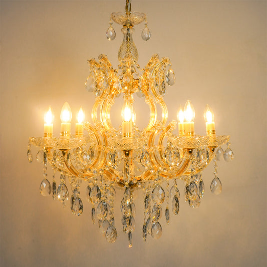 White background image of large candelabra chandelier for modern living room decor styling with a bright warm glow.