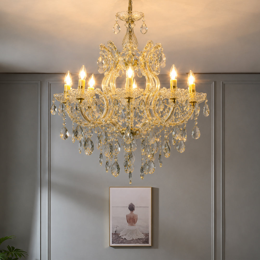 Lifestyle image of large candelabra chandelier for luxury living room decor styling with elegant detailing.