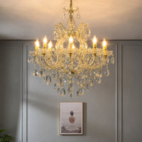 Lifestyle image of large candelabra chandelier for luxury living room decor styling with elegant detailing.