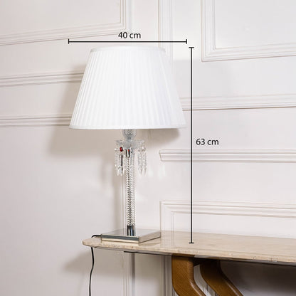 Glass lamp with measurements 63 cm height and 40 cm shade width showing elegant design on white background.