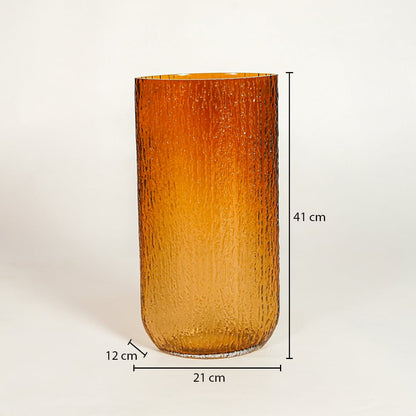 Amber textured glass vase dimension image showing 41 cm height 21 cm width and 12 cm depth decorative glass accent for floor styling.