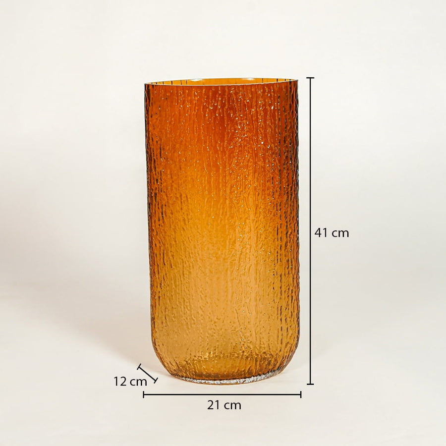 Amber textured glass vase dimension image showing 41 cm height 21 cm width and 12 cm depth decorative glass accent for floor styling.
