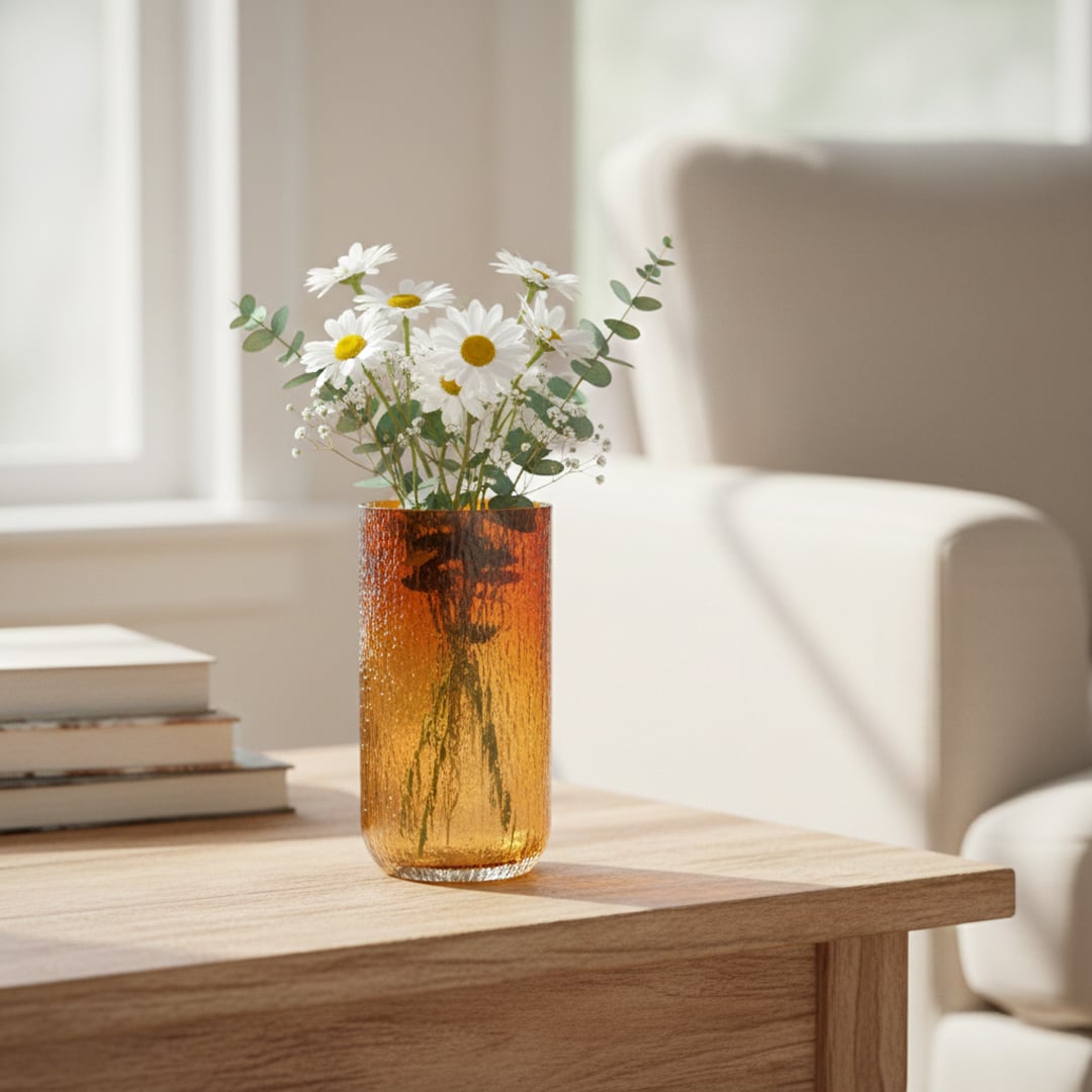 Amber textured glass floor vase styled in living room corner modern decorative glass accent for console floor or table styling home.