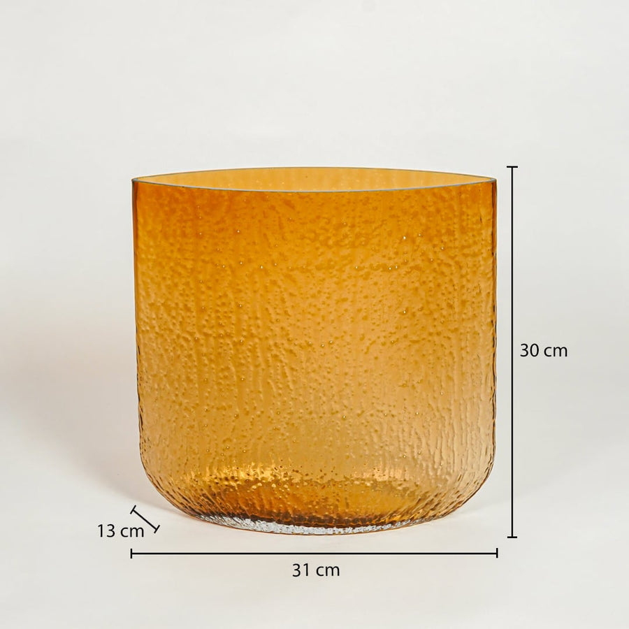 Amber textured glass planter dimension image showing 30 cm height 31 cm width and 13 cm depth decorative glass accent for floor styling.