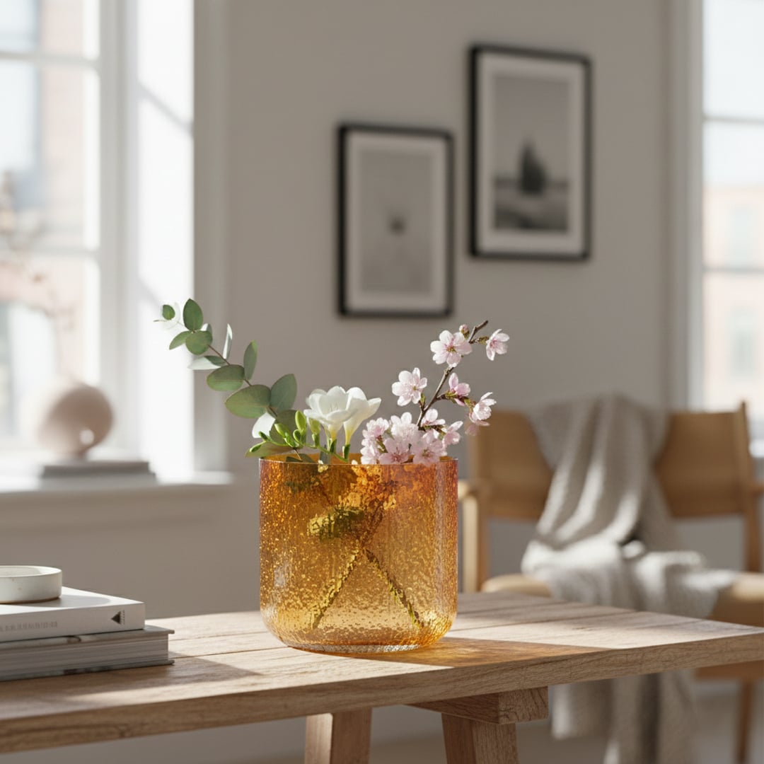 Amber textured glass planter styled on living room floor modern decorative glass accent for console corner or table styling home.
