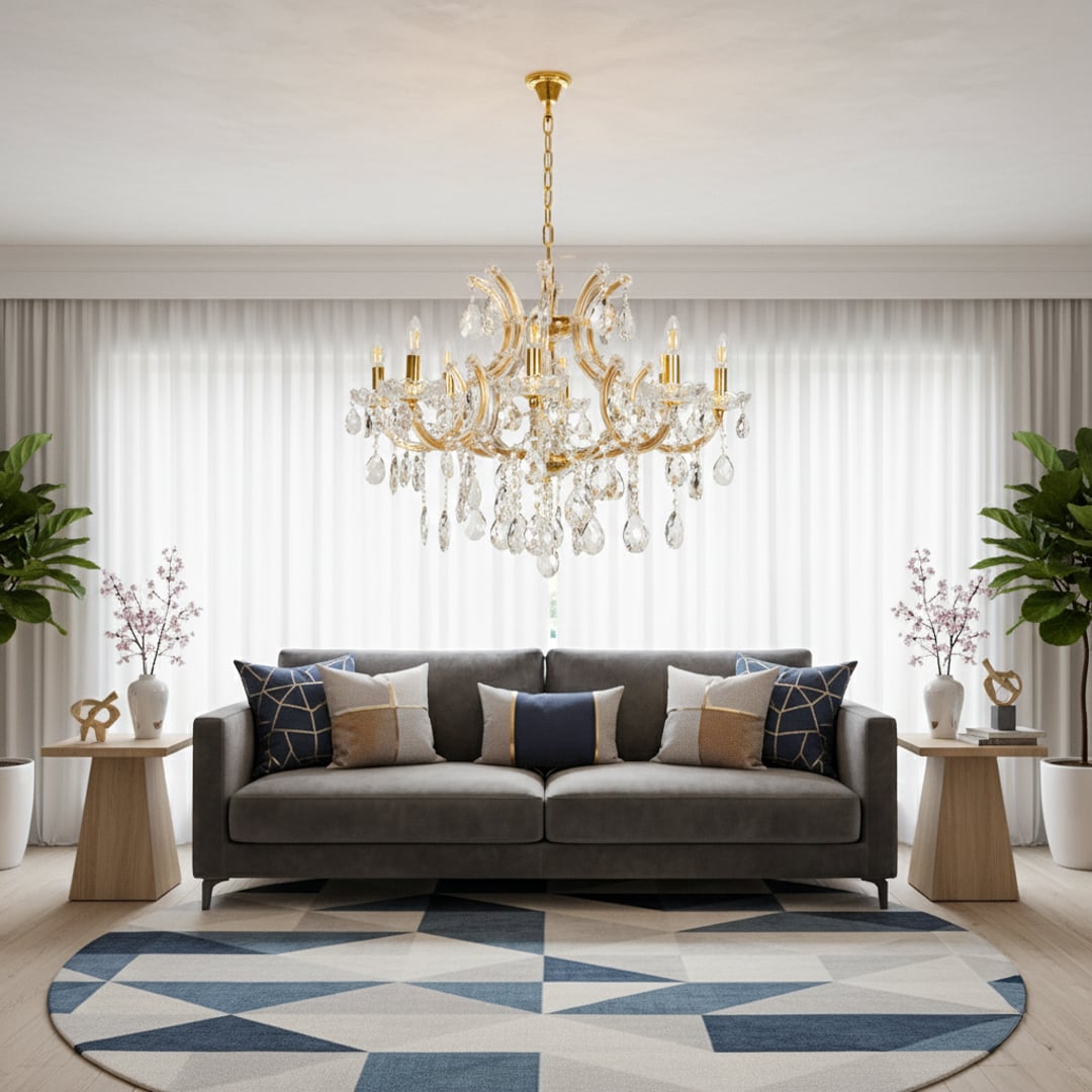 Elegant gold crystal chandelier with sparkling drops adding luxury lighting style for living room and dining room decor.